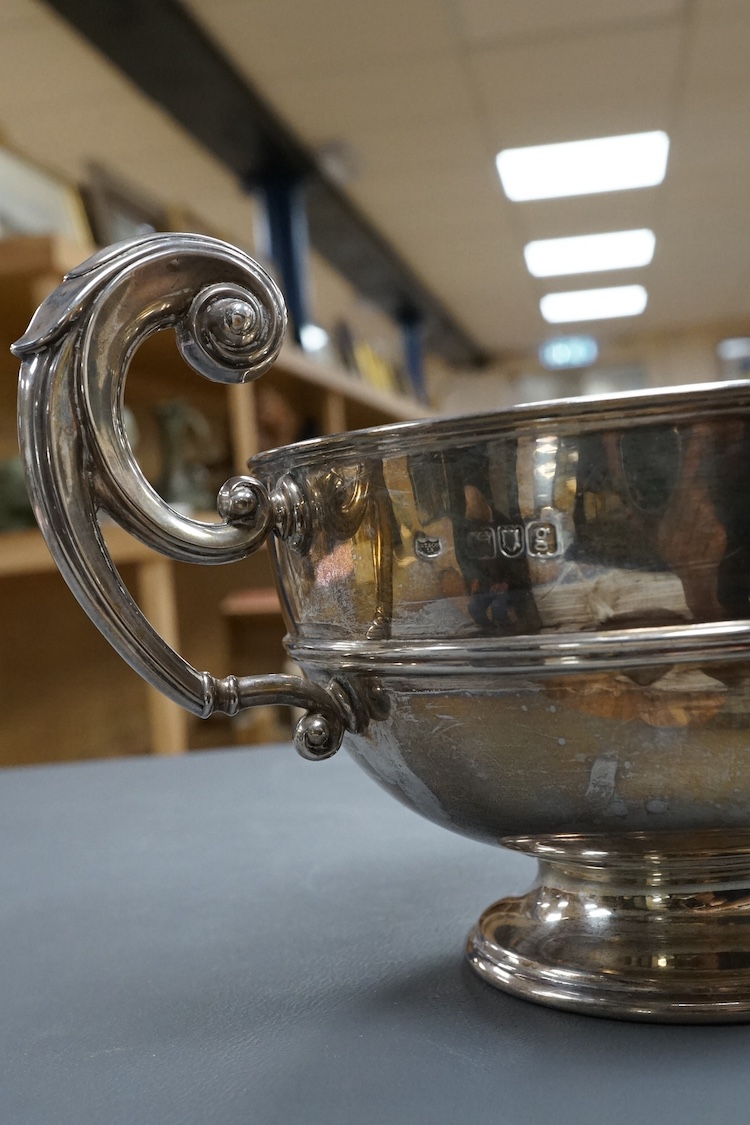 An Edwardian silver two handled pedestal bowl, by Hawksworth, Eyre & Co, London, 1902, diameter excluding the handles, 15.2cm, 16.2oz. Condition - fair to good